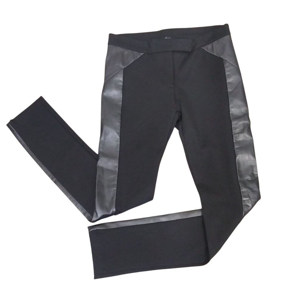 Talia Black Slim‎ Leg Trousers Faux Leather Trim Side Stripe Pants Size S NEW